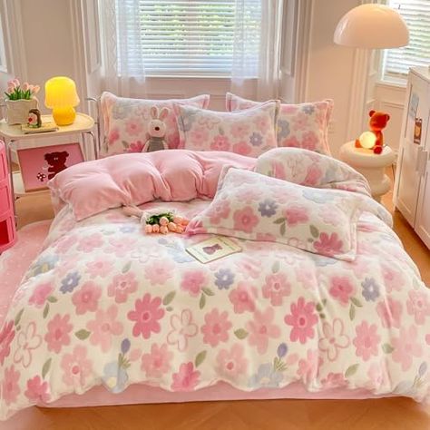 Duvet Cover Queen, Pink Floral Bedding Sets, Aesthetic Comforter Floral Bedding Pink, Bedding Sets Aesthetic, Kawaii Bed, Pink Floral Bedding, Aesthetic Comforter, Comforters Teen, Traditional Duvet Covers, Floral Bedding Sets, Twin Xl Comforter