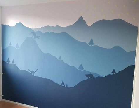 DIY Dino Mountain Mural — Steemit With step by step pictures of the process Diy Mountain Mural, Dinosaur Bedroom Wall, Dinosaur Mural, Boys Room Mural, Casa Hobbit, Dinosaur Bedroom, Mountain Mural, Dinosaur Room, Kids Room Murals