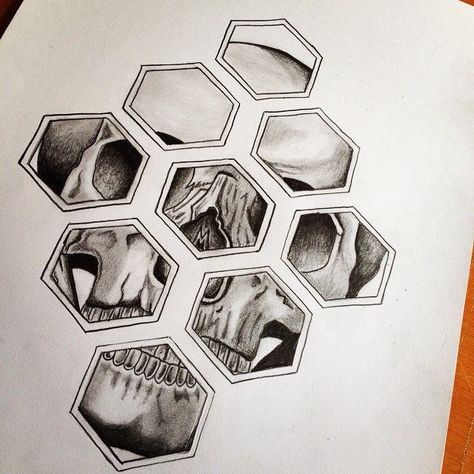 Gemotric Tattoos, Hexagon Tattoo Design, Geometric Skull, Hexagon Tattoo, Monster Tattoo, Skull Art Drawing, Skulls Drawing, Trash Polka, Skull Artwork