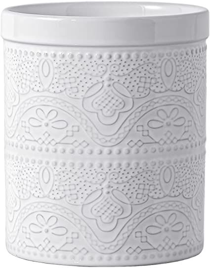 Amazon.com: FUN ELEMENTS Kitchen Utensil Holder, 7.2" Super Large Utensil Crock Heavy and Stable Lace Emboss Ceramic Utensil Holder for Countertop (Bright White) : Home & Kitchen Utensils Drawing, Farmhouse Utensil Holder, Cooking Utensil Holder, Ceramic Utensil Holder, Silicone Cooking Utensils, Utensil Storage, Modern Farmhouse Home Decor, Silicon Utensils, Utensil Crock