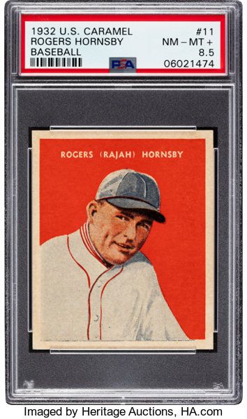 Baseball Cards:Singles (1930-1939), 1932 U.S. Caramel Rogers Hornsby #11 PSA NM-MT+ 8.5 - Pop One, NoneHigher! ... Rogers Hornsby, Old Baseball Cards, Ty Cobb, Reserved Signs, Babe Ruth, National League, Sports Collectibles, Most Expensive, St Louis