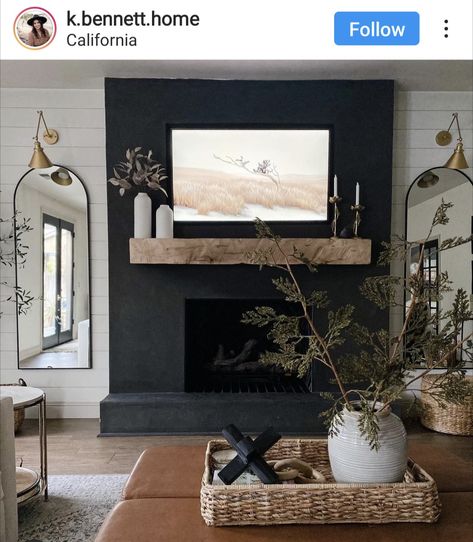 Black Fireplace Grey Wall, Boho Black Fireplace, Tv On Black Fireplace, Dark Gray Painted Fireplace Brick, Living Room Ideas With Black Fireplace, Neutral Living Room With Black Fireplace, Wall Fireplace Insert, Mirrors On Tv Wall, Tall Cabinet Next To Fireplace