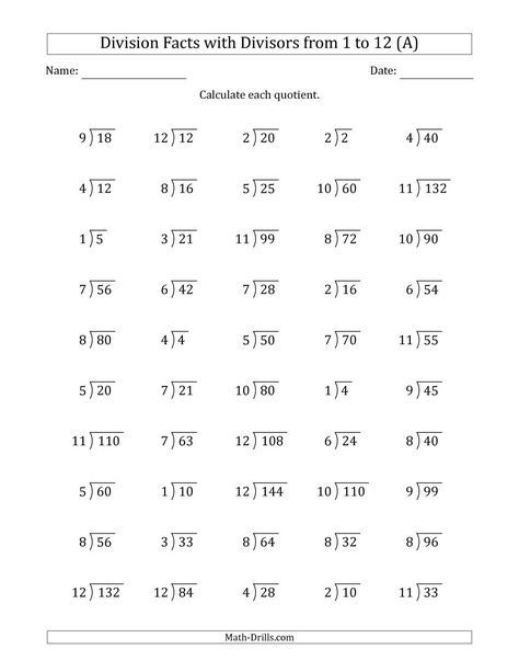 The Division Facts with Divisors and Quotients from 1 to 12 with Long Division Symbol (A) Math Worksheet from the Division Worksheets Page at Math-Drills.com. Short Division Worksheets, Division Facts Worksheets, Short Division, Math Division Worksheets, Long Division Worksheets, Math Fact Worksheets, Math Fact Practice, Division Practice, Math Drills