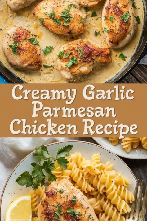 Creamy garlic parmesan chicken served in a skillet and with pasta on a plate. Chicken Parmesan Sides, Garlic Parmesan Chicken Thighs, Lemon Garlic Parmesan Chicken, Garlic Cream Chicken, Creamy Garlic Parmesan Chicken, Creamy Garlic Parmesan Sauce, Baked Garlic Parmesan Chicken, Creamy Parmesan Chicken, Chicken Parmesan Recipe Easy