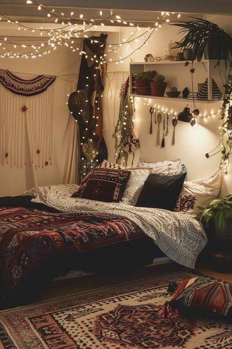 Black And Orange Bedroom, Red And Black Bedroom, Black Bedroom Aesthetic, Autumn Bedroom Decor, Small Bedroom Ideas For Women, Dorm Room Lights, Autumn Bedroom, Male Bedroom Ideas, Nightstand Ideas