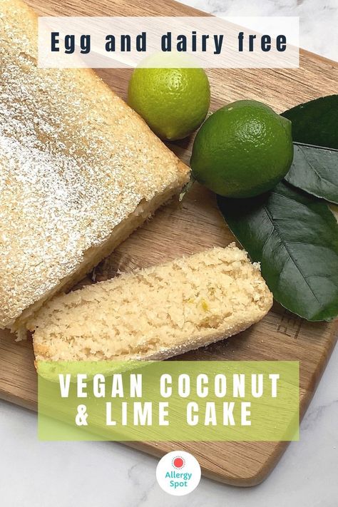 Delicious egg and dairy free coconut and lime cake. Allergy friendly (no milk, eggs. nuts, soy and can be made wheat and gluten free) and suitable for vegans. A quick and easy recipe (around 30 minutes). If there are any leftovers, this sweet egg and dairy free cake also freezes well. Coconut Lime Cake, Dairy Free Deserts, Sweet Egg, Weekend Food, Dairy Free Cake, Lime Cake, Soy Free Recipes, Lime Recipes, Tasty Dessert