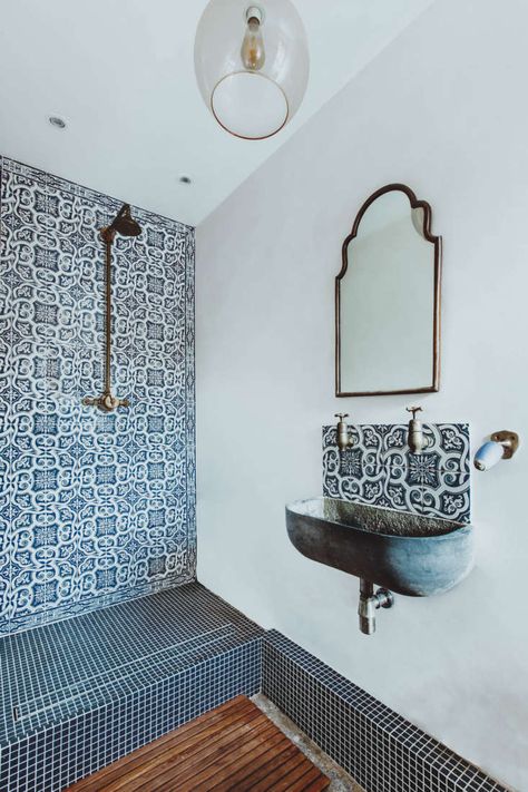 Portuguese Tiles Bathroom, Two Tone Walls, Wall Taps, Stainless Kitchen, Portuguese Tiles, Reclaimed Furniture, London Flat, London Apartment, Divider Wall