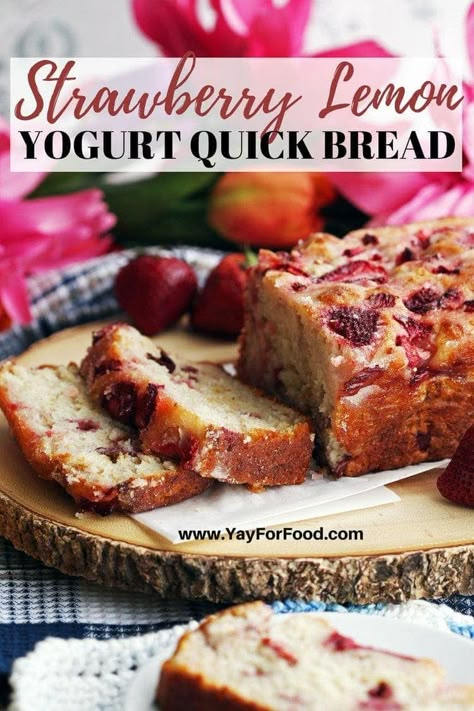 Sweet, fluffy, and easy to make. This quick bread recipe is packed full of strawberry and lemon flavour. Yogurt gives an added tanginess while reducing calories. Ready in just over an hour with no proofing required. Yogurt Bread, Cake Treats, Quick Bread Recipe, Strawberry Bread, Lemon Yogurt, Lemon Bread, Fruit Bread, Strawberry Lemon, Easy Meal Ideas