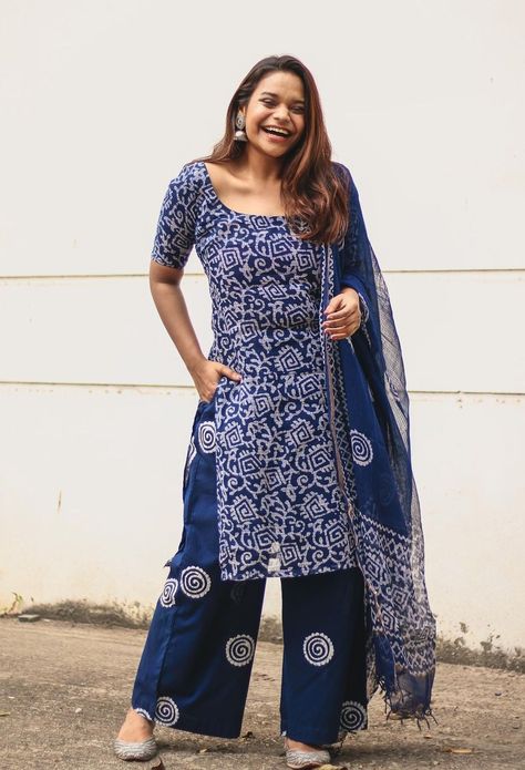 Ethnic wear salwar suits Cotton Salwar Suit Stitching Ideas, Indigo Suit Design, Indigo Kurti Designs Latest, Simple Indian Suits Cotton, Cotton Salwar Suit Designs Latest, Cotton Bandhani Dress Pattern, Simple Salwar Suits, Ethnic Salwar Suits, Suit Designs Indian Style Latest Cotton