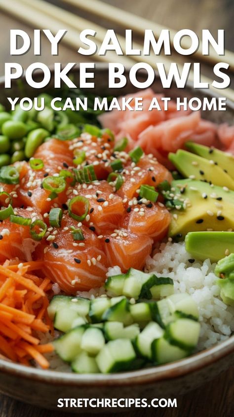 Looking for a fresh and delicious salmon poke bowl idea? This homemade salmon poke bowl is your answer! Enjoy a nutritious meal in just 15 minutes. Save this pin and check out our blog for the full salmon poke bowl recipe! California Poke Bowl, Lunch Poke Bowl, Raw Salmon Poke Bowl, Salmon Poke Bowl Ideas, Poke Bowl With Salmon, Raw Salmon Bowl, Airfryer Salmon Bowl, Homemade Poke Bowl Salmon, Pike Bowl Recipe