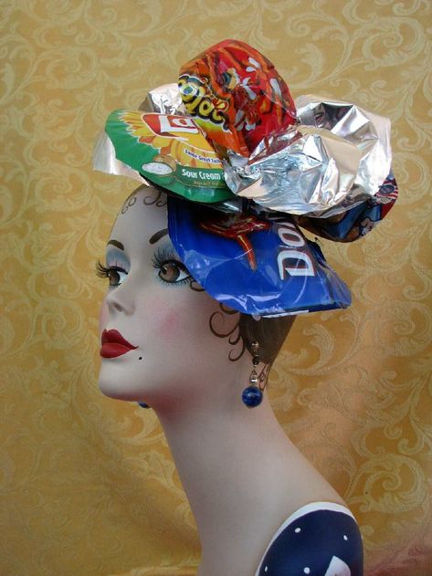 Recycled Headdress, Recycled Hats, Recycled Costumes, Trash Fashion, Dinosaur Hat, Crazy Hat, Crazy Hat Day, Recycled Dress, Easter Hats