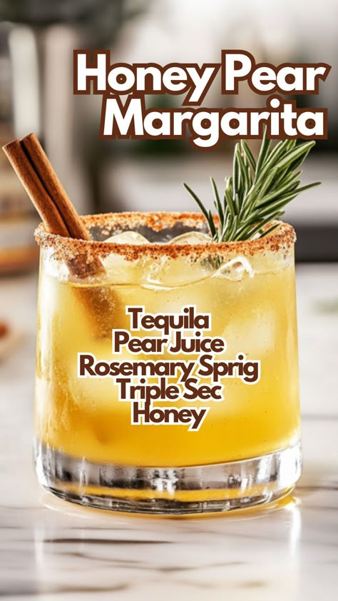 Honey Pear Margarita Winter Cocktail Ideas, Fall Tequila Cocktails, Grand Marnier Drinks, Patron Drinks, Tequila Drinks Recipes, Pear Margarita, Honey Cocktail, Cocktail Cards, Pear Cocktails