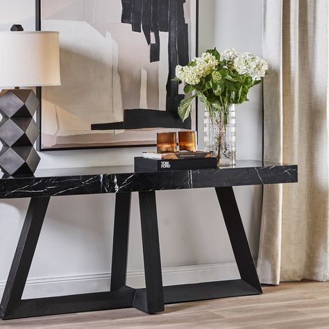 Such a classy addition to any space! Loving the Everest Marble Console Table. ✨😍 #indoor #indoorfurniture #furniture #livingroom #consoletable #table #home #homedecor Marble Top Console Table, Black Console Table, Marble Console Table, Marble Console, Black Console, Cafe Lights, Fabric Ottoman, Chic Interior, Dressing Table With Stool