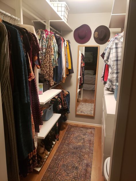 Elvarli Walk In Closet, Elvarli Ikea Closet, Renter Friendly Walk In Closet, Walkin Closet Design Layout, Apartment Walk In Closet Ideas, Boho Walk In Closet, Ikea Walk In Closet, Small Walkin Closet Ideas, Elvarli Ikea