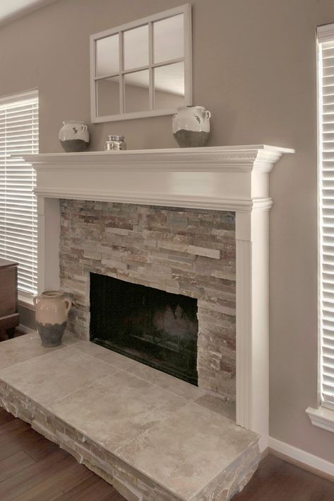 Half Fireplace Ideas, Corner Fireplace With Hearth And Mantle, Full Stone Fireplace, Half Wall Fireplace Ideas, Above Mantle Wall Decor, Half Fireplace Wall, Fireplace Frame Ideas, Half Stone Fireplace With Mantle, Half Wall Fireplace