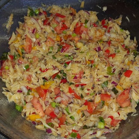 Saltfish Buljol Buljol Recipe, Bake And Shark Trinidad Recipe, Buljol Recipe Trinidad, Fry Bake Trinidad Recipe, Trinidad Dhal Recipe, Trinidad Bake And Saltfish, Salt Fish Recipe Jamaican, Salt Fish Recipe, Cod With Tomatoes