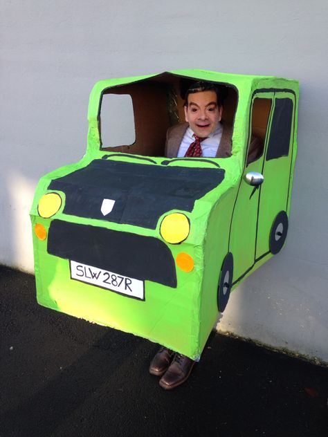 Mr Bean costume and car Mr Bean Costume, Cardboard Car, Mr Bean, Diy Party, New Art, Birthday Parties, Halloween Costumes, Lunch Box, Projects To Try