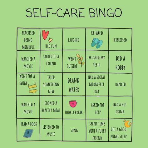 Take care of yourself, Bingo. Bingo For Kids, Health Class, Workplace Wellness, Health Activities, Bingo Card, Activities Games, Relationship Challenge, Bullet Journal Mood, Wellness Wednesday