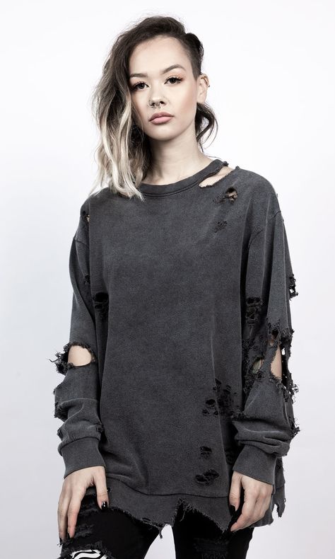 Disturbia Clothing, Subculture Fashion, Grunge T Shirts, Grunge Tops, Womens Outerwear, Ripped Shirts, Damaged Clothes, Hoodie Diy, Alt Clothes