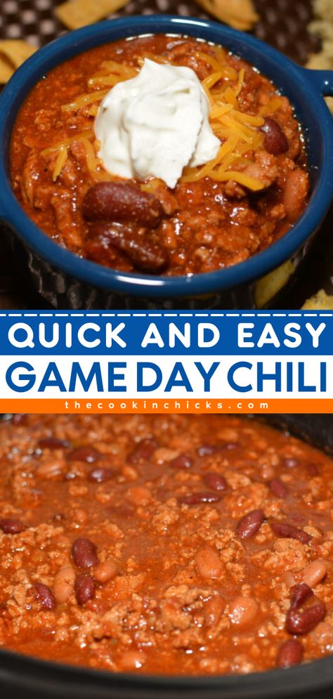 Looking for more game day recipes? Here's the BEST Game Day Chili! It's a classic. Complete with beans, tomatoes, and spices, this beef chili is a crowd-pleaser. It's also an easy comfort food dinner! Slow cooker option included! Game Day Chili Crockpot, Football Sunday Chili, Easy Chili Crockpot Recipes, School Chili Recipe, Crockpot Recipes Chili, Chili Recipe For Large Crowd, Savory Chili Recipe Crockpot, Game Day Chili, Chili For A Crowd Recipe