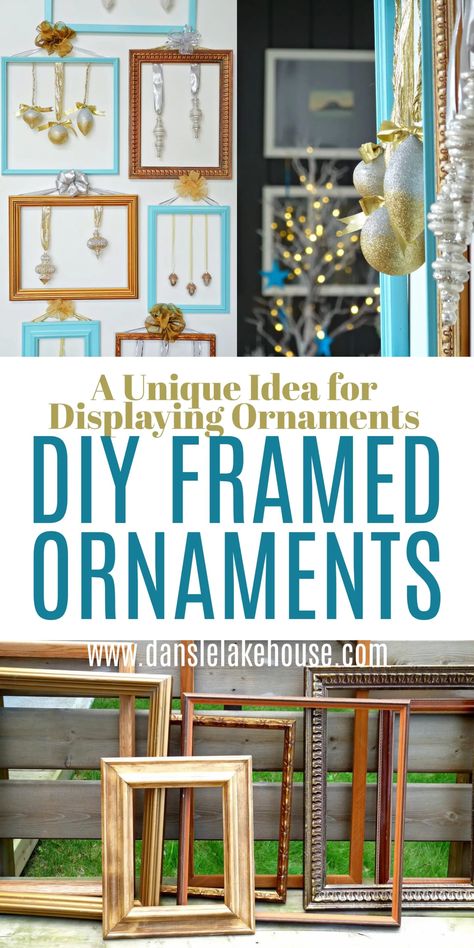 DIY Framed Ornaments. Looking for ideas for displaying ornaments without a tree? Check out the blog for two unique ideas for displaying ornaments - including this DIY framed ornament idea. I love this upcycled Christmas decor project from thrift store frames. Really cute ornament display ideas and DIY ornament display. More DIY Christmas decorations and DIY Christmas decor ideas on the blog. Happy holiday decorating! Display For Ornaments For Sale, Ornaments Hanging From Picture Frame, Displaying Christmas Ornaments Without Tree, What To Do With Ornaments, Displaying Christmas Ornaments, Bauble Display Ideas, Framed Christmas Ornaments, Displaying Ornaments Without A Tree, Ornaments Display Ideas