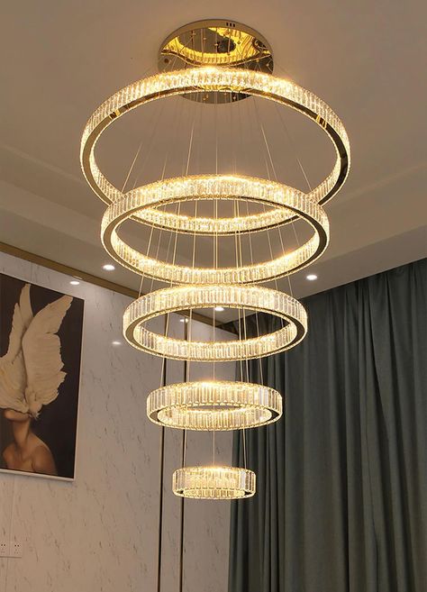 Modern Chandelier High Ceiling, Stair Way, Round Light Fixture, Crystals Rings, Foyer Stairs, Entryway Chandelier, Rings Crystal, Foyer Chandelier, Front Entryway