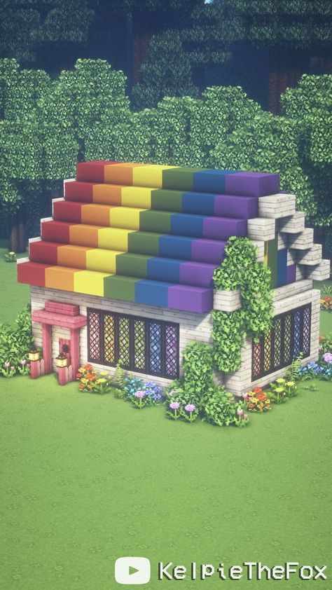 Lesbian Minecraft House, Minecraft Starter Cottage, Pride Minecraft Builds, Minecraft Rainbow House, Minecraft Pride Builds, Rainbow Minecraft Builds, Minecraft Pride, Minecraft Wedding, Rainbow Minecraft