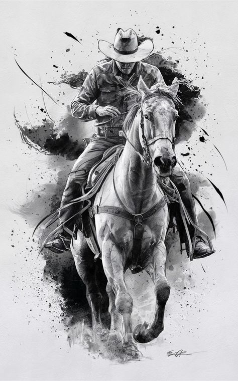 Cowboy Themed Tattoo, Cowboy Riding Horse Drawing, How To Draw Horse, Bull Rider Tattoo, Cowboy On Horse Tattoo, Western Tattoo Designs, Horse Running Drawing, Blackwork Tattoo Design Drawings, Drawing A Horse