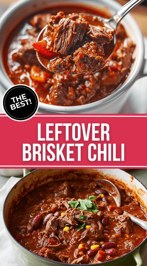 Leftover Brisket Chili is the perfect way to use up all those tempting bits of brisket that you have left and do not want to waste. It is a hearty and flavorful dish that often includes beans, tomatoes, peppers, spices, and sometimes bacon or sausage. Slow Cooker Brisket Chili, Leftover Brisket Stew, Brisket Meat Recipes, Chili With Leftover Brisket, Chili With Brisket, Leftover Brisket Chili Crockpot, Recipe For Leftover Brisket, Leftover Brisket Recipes Keto, Brisket Chilli Recipes