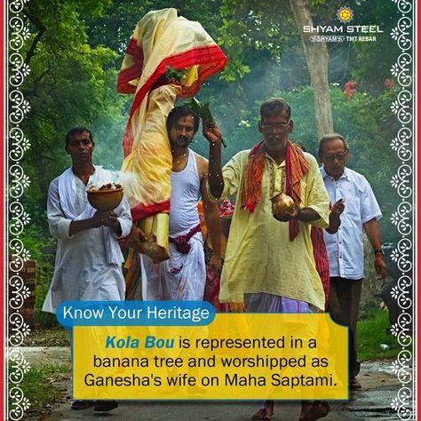 On Maha Saptami, Banana Tree & other eight trees are together worshipped as Nabapatrika. These nine plants represent the nine forms of Devi Durga. These rituals are our heritage that keeps us rooted. https://www.news18.com/.../durga-puja-2019-what-is... #DurgaPuja #DurgaPuja2020 #KnowYourHeritage #ShyamSteel #TMTBars #flexiSTRONG #Hamesha_Ke_Liye_Strong Saptami Durga Puja, Maha Saptami, Bengali Culture, Durga Painting, Lord Shiva Hd Images, Devi Durga, Banana Tree, Durga Puja, Indian Art Paintings