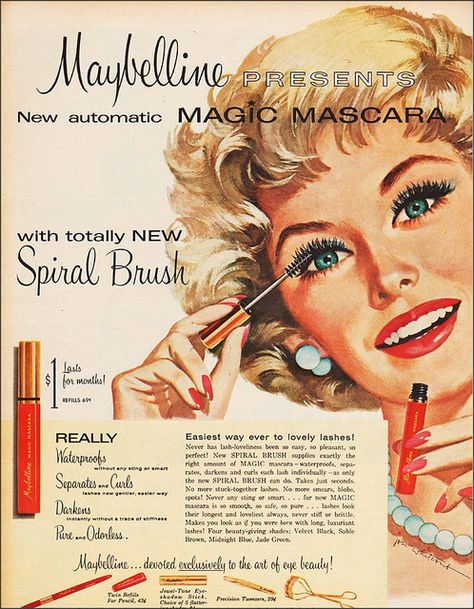 A vintage Maybelline Mascara advert from the 1960s (image: beeskneesdaily.com) 1950s Makeup, Makeup Advertisement, Maybelline Cosmetics, Vintage Makeup Ads, Maybelline Mascara, Makeup Ads, Retro Makeup, Retro Beauty, Beauty Ad