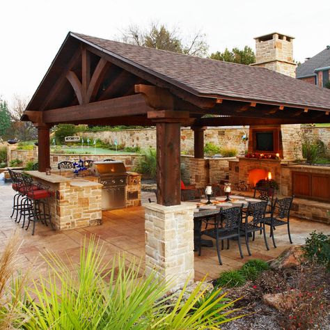 Backyard Entertaining Space, Outdoor Kitchen Countertops, Stone Fireplaces, Outdoor Kitchen Bars, Outdoor Kitchen Plans, Grill Area, Outdoor Pavilion, Outdoor Remodel, Backyard Pavilion