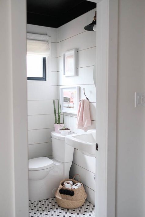 Shiplap powder room with black ceiling and wall-mounted sink. #diy #homedecor #house #powderroom #pink #organization Shiplap Powder Room, Half Bathroom Ideas, Head Scratcher, Restroom Remodel, Guest Bathrooms, Half Bathroom, Black Ceiling, Half Bath, Shower Stall