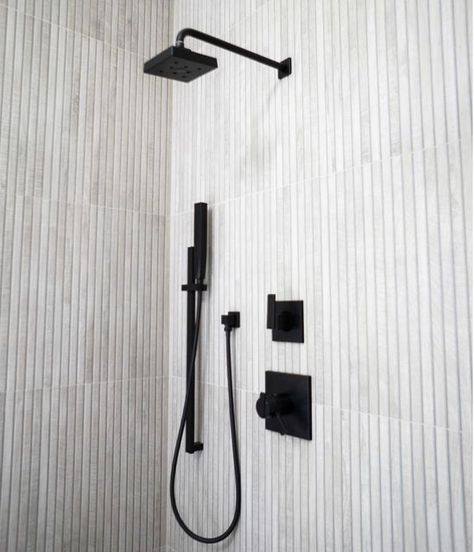 Ribbon Tile Shower Wall, Kenridge Tile, Ribbon Tile Bathroom, Wood Tile Shower Ideas, Kenridge Ribbon, Ribbed Tile, Wood Tile Shower, White Tile Shower, Shower Renovation