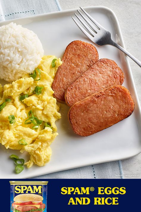 Start your day with SPAMTASTICALLY™ simple, but oh so tasty, slices of your favorite SPAM® variety, scrambled eggs and a side of rice. Meals With Spam, Spam And Eggs Breakfast, Spam Meals, Eggs And Rice, Spam Recipes, Hormel Recipes, Brunch Inspiration, Poke Bowls, Edith Head