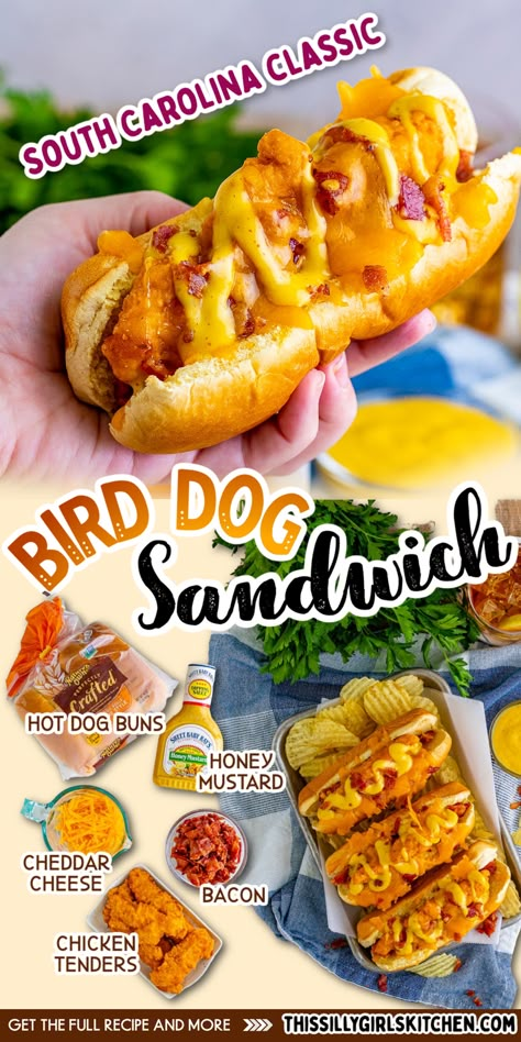 bird dog sandwich Hot Dog Food Truck Ideas, Unique Food Truck Ideas, Baked Dinners, Lunch Basket, Sandwich Chicken, Hot Dog Bun, Southern Chicken, Chicken Bird, Bird Dog