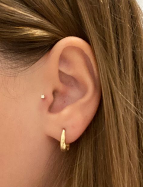 Tragus Piercing Jewelry Minimalist, Dainty Tragus Piercing, Ear Piercing Ideas Tragus, Tragus Piercing Aesthetic, Dainty Ear Piercings, Surface Tragus Piercing, Eat Piercing, Double Tragus Piercing, Ear Piercing Tragus