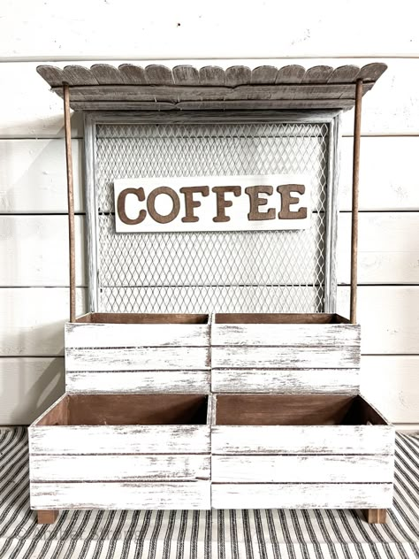 DIY Coffee Bar Organization Station - A Creative Haven Project Diy Coffee Organizer, Coffee Bar Storage Containers, Inexpensive Coffee Bar Ideas, How To Build A Coffee Bar Diy, Diy Coffee Bar Organizer, Diy Coffee Bar Decor Dollar Tree, Diy K Cup Holder Dollar Stores, Camping Coffee Station, Dollar Store Coffee Bar Ideas