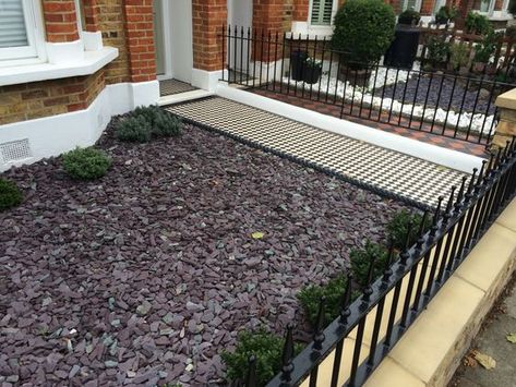 The Plum Slate looks really colourful when placed against neutral colours, really brings this front garden to life. Slate Garden Ideas, Buxus Balls, Box Hedges, Gravel Gardens, Plum Slate, Slate Garden, Small Front Gardens, Paving Design, Brick Paving