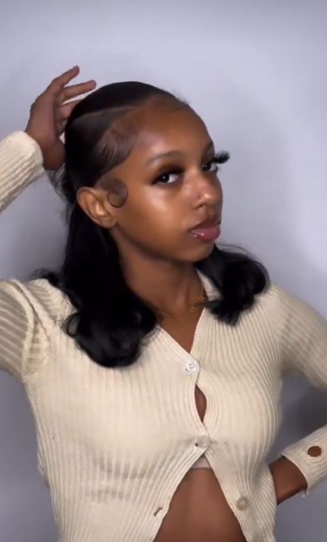 Cute Natural Straight Hairstyles For Black Women, Short Natural Hair Styles Straight, Short Slik Press Hairstyles, Hairstyles For Short Silk Pressed Hair, Straight Hairstyles For Black Women Short, Straight Hairstyles For Black Women Real, Middle Part Slick Back 4c Hair, Slik Press For Black Women, Slik Press Hairstyles For Black Women Short Hair