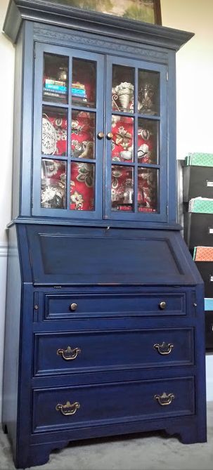 DIY Secretary Makeover with Napoleonic Blue Chalk Paint & Glaze Secretary Makeover, Napoleonic Blue, Annie Sloan Painted Furniture, Chalk Paint Makeover, Paint Glaze, Blue Chalk Paint, Furniture Desk, Furniture Building, Diy Blinds