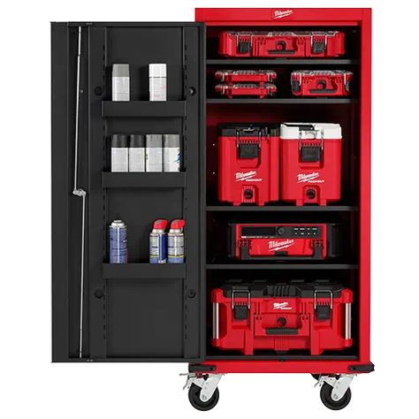 Garage Tool Storage Cabinets, Milwaukee Garage Storage, Milwaukee Garage Ideas, Milwaukee Tool Organization, Milwaukee Garage, Milwaukee Tools Storage, New Milwaukee Tools Garage, Milwaukee Tools Pegboard, Milwaukee Packout Ideas