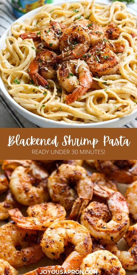 Blackened Shrimp Pasta - easy Cajun pasta seafood dinner recipe, ready under 30 minutes! Zesty and flavorful blackened shirmp is topped on a bed of creamy rich pasta. It's a yummy meal option for busy weeknights. Garlic Bacon Pasta, Easy Cajun Pasta, Blackened Shrimp Pasta, Cajun Chicken And Sausage Pasta, Chicken And Sausage Pasta, Cajun Recipes Easy, Pasta With Butter, Shrimp Pasta Healthy, Cajun Chicken And Sausage