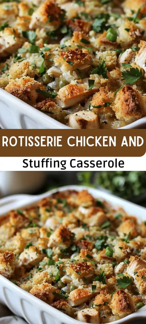 Rotisserie Chicken and Stuffing Casserole Rotisserie Chicken And Stuffing, Chicken And Dressing Casserole, Shredded Rotisserie Chicken, Recipes Using Rotisserie Chicken, Chicken And Stuffing, Chicken Stuffing Casserole, Easy Chicken Casserole Recipes, Chicken Casserole Easy, Leftover Chicken Recipes