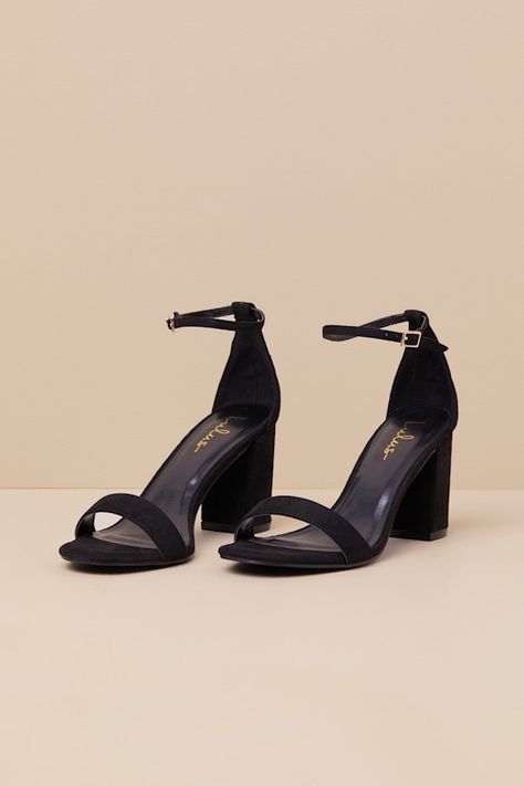 You're certain to step up your style essentials when you add the Lulus Arylee Black Suede Ankle Strap Heels to your closet! Soft faux suede shapes a single toe strap, an almond-shaped toe bed, and a wrapped block heel. A dainty ankle strap rises from the sturdy heel cup and secures with a gold buckle. 3" wrapped block heel. Cushioned insole. Felted rubber sole has nonskid markings. All Man Made Materials. Imported. Lulus | Arylee Black Suede Ankle Strap Heels | Size 11. Bridesmaids Shoes Black, Prom Short Heels, Black Heels With Gold Accent, Black Heels Block, Shoe Inspo Heels, Black Homecoming Heels, Heels For Black Dress, Thrift Heels, Heels Classy Elegant Black