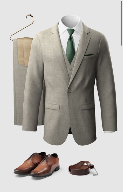 Suit With Champagne Tie, Champagne Tie, Groomsmen Looks, Charcoal Suit, Eucalyptus Green, Green Suit, Gray Suit, Collar Shirt, Tie And Pocket Square