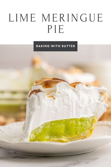 Impress your guests with this lime meringue pie topped with Swiss meringue and baked in a perfectly flaky crust. An ideal lime dessert for any occasion.I add a few drops of natural green food color to the curd but this is totally optional! Key Lime Pie With Meringue Topping, Pie With Meringue Topping, Meringue Pie Topping, Lime Meringue Pie, Lime Meringue, Lime Dessert, Flaky Pie Crust Recipe, Meringue Topping, Lime Curd