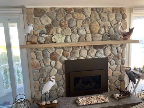 Rock Veneer, Stones Decoration, Stone Veneer Fireplace, Wood Burning Fireplace Inserts, River Rock Fireplaces, Beam Ceiling, Vaulted Ceiling Living Room, Natural Stone Fireplaces, Porch Fireplace