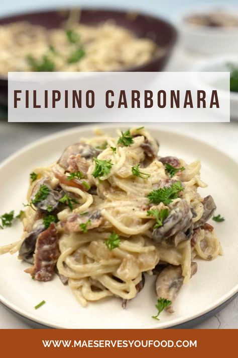 This rich and creamy Filipino Carbonar is a family favourite loaded with crispy bacon and sauteed mushrooms. #recipe #carbonara #filipino Filipino Carbonara Recipe, Filipino Carbonara, Filipino Pasta, Carbonara Pasta Creamy, Carbonara Recipe Creamy, How To Make Carbonara, Mushroom Carbonara, Fun Foods To Make, Pasta Creamy