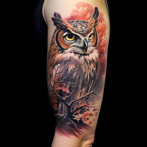 Owl Tattoo Design Ideas | Get ready to soar with this breathtaking watercolor owl tattoo Fall Owl Tattoo, Owl Tattoo Colorful, Realistic Owl Tattoo Design, Watercolor Owl Tattoo, Night Owl Tattoo, Shoulder Cover Up Tattoos, Watercolor Owl Tattoos, Colorful Owl Tattoo, Realistic Owl Tattoo